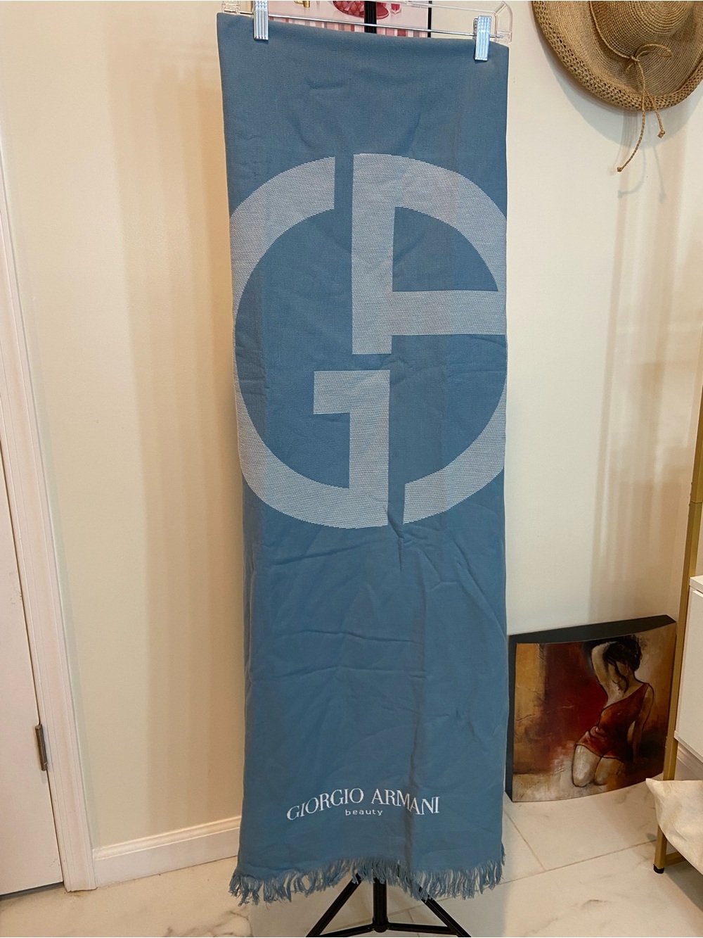 Giorgio Armani Blue Logo Draped Throw with Light Logo X-Large Towel